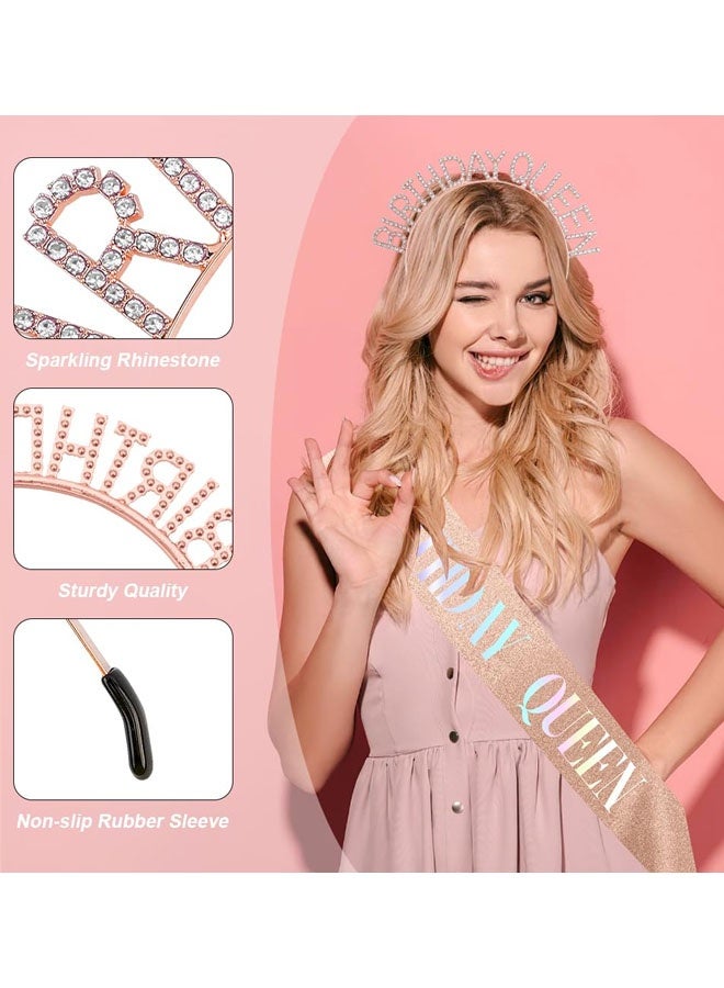 Birthday Sash For Women,Birthday Crowns Tiara Crown Adult Woman, Rose Gold Glitter Rhinestone Tiaras Headband Queen Sash For Girls Princess Party Decorations Accessories Valentines Gifts For Women - Image 4